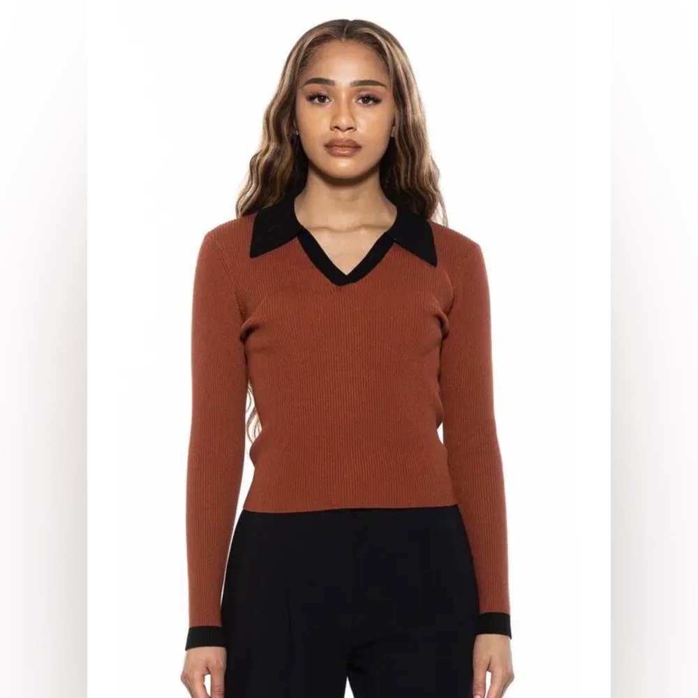 Alexia Admor Rust V-Neck Sweater with Black Collar